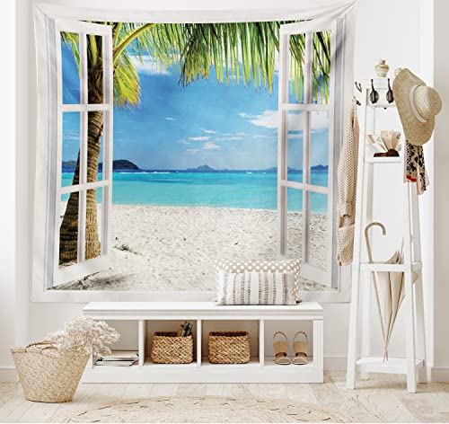 ABAKUHAUS Tropisch Wandteppich und Tagesdecke, Tropical Beach Palmen aus Weiches Mikrofaser Stoff Waschbar ohne Verblassen Digitaldruck, 230 x 140 cm, Weiß Grün von ABAKUHAUS