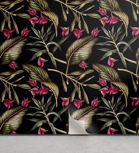 ABAKUHAUS Tropisch abziehbare & klebbare Tapete für Zuhause, Exotische Blätter Rosa Blumen, selbstklebendes Wohnzimmer Küchenakzent, 33 cm x 90 cm, Himbeere Olivengrün von ABAKUHAUS