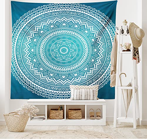 ABAKUHAUS Türkis Ombre Wandteppich, Mandala Medaillon Sternendesign mit Blume in der Mitte Kunst, aus Weiches Mikrofaser Stoff Wand Dekoration Für Schlafzimmer, 230 x 140 cm, Dunkel-Türkis von ABAKUHAUS