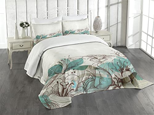 ABAKUHAUS Türkis Tagesdecke Set, Retro Hibiscus Kunst, Set mit Kissenbezügen Moderne Designs, für Doppelbetten 264 x 220 cm, Beige Teal von ABAKUHAUS