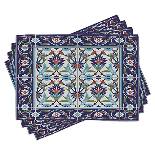 ABAKUHAUS Türkisch-Muster Platzmatten, Mosaikfliesen mit Natur inspiriert Ornamente Tulpen und Gänseblümchen mit Locken, Waschbare Stoff Esszimmer Küche Tischdekorations Digitaldruck, Aqua Blau von ABAKUHAUS