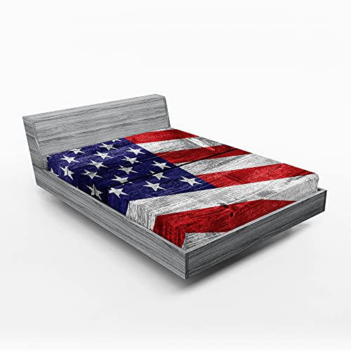 ABAKUHAUS USA Spannbetttuch, America Patriotic Day, Soft Dekorativer Stoff Bettwäsche Rund-um Elastischer Gummizug, 135 cm x 190 cm, Marine-Blau, Rot, Weiß von ABAKUHAUS