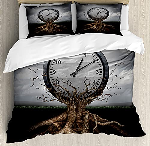 ABAKUHAUS Uhr Bettbezug Set für Einzelbetten, Clock Surrealist, Milbensicher Allergiker geeignet mit Kissenbezug, 130 x 200 cm - 70 x 50 cm, Grau von ABAKUHAUS