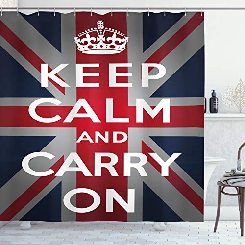 ABAKUHAUS Union Jack Duschvorhang, Wörter Crown UK Flagge, Stoffliches Gewebe Badezimmerdekorationsset mit Haken, 175 x 180 cm, Weiß Blau Rot von ABAKUHAUS