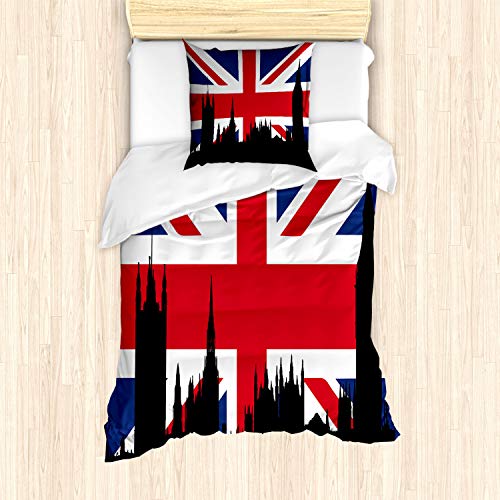 ABAKUHAUS Union Jack Bettbezug Set für Einzelbetten, Historische Stadt UK, Milbensicher Allergiker geeignet mit Kissenbezug, Royal Blue Schwarz Rot von ABAKUHAUS