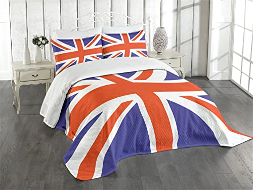 ABAKUHAUS Union Jack Tagesdecke Set, Britisches Loyal Symbol, Set mit Kissenbezügen Klare Farben, für Doppelbetten 220 x 220 cm, KönigsBlau rot-weiß von ABAKUHAUS