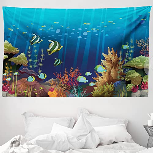 ABAKUHAUS Unter dem Meer Wandteppich und Tagesdecke, Korallenriff Fische aus Weiches Mikrofaser Stoff Waschbar ohne Verblassen Digitaldruck, 230 x 140 cm, Grün Aqua von ABAKUHAUS
