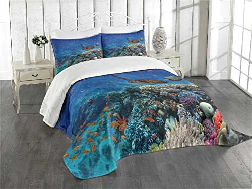 ABAKUHAUS Unterwasser Tagesdecke Set, Tropical Turtle Wasser, Set mit Kissenbezügen Waschbar, für Einselbetten 170 x 220 cm, Mehrfarbig Blau von ABAKUHAUS