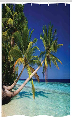 ABAKUHAUS Urlaub Schmaler Duschvorhang, Malediven Bay Resort, Badezimmer Deko Set aus Stoff mit Haken, 120 x 180 cm, Marineblau Türkis von ABAKUHAUS