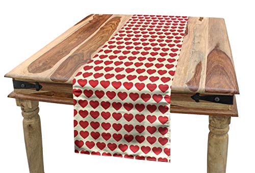 ABAKUHAUS Valentine Tischläufer, Vibrant Red Hearts, Esszimmer Küche Rechteckiger Dekorativer Tischläufer, 40 x 225 cm, Dunkle Koralle Elfenbein von ABAKUHAUS