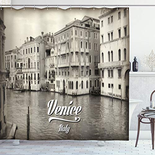 ABAKUHAUS Venedig Duschvorhang, Old Venice Vintage Photo, Stoffliches Gewebe Badezimmerdekorationsset mit Haken, 175 x 220 cm, Eierschalenfarben von ABAKUHAUS
