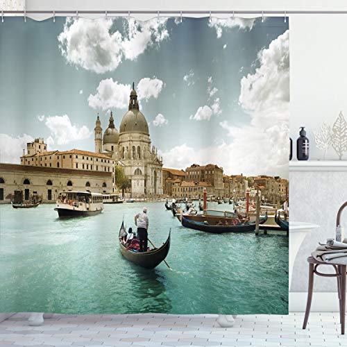 ABAKUHAUS Venedig Duschvorhang, Grand Canal in Luftaufnahme, Stoffliches Gewebe Badezimmerdekorationsset mit Haken, 175 x 240 cm, Türkisblaugrau Beige von ABAKUHAUS