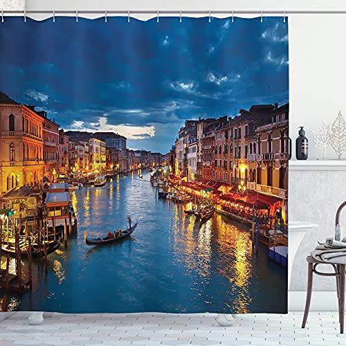 ABAKUHAUS Venedig Duschvorhang, Blick auf den Canal Grande Rialto, Stoffliches Gewebe Badezimmerdekorationsset mit Haken, 175 x 180 cm, Indigo und Gelb von ABAKUHAUS