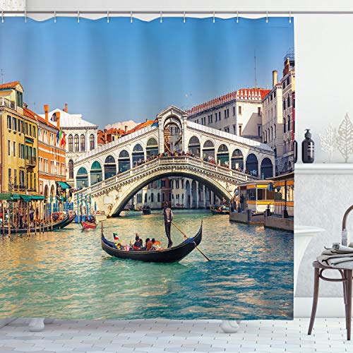 ABAKUHAUS Venedig Duschvorhang, Sunny Day in City-Reisen, Stoffliches Gewebe Badezimmerdekorationsset mit Haken, 175 x 180 cm, Mehrfarbig von ABAKUHAUS
