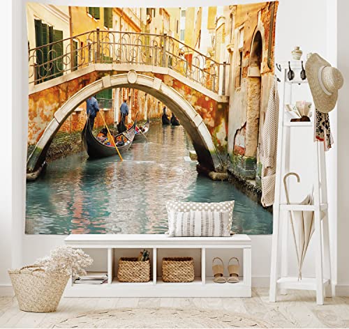 ABAKUHAUS Venedig Wandteppich und Tagesdecke, Brücke Gondel aus Weiches Mikrofaser Stoff Waschbar ohne Verblassen Digitaldruck, 230 x 140 cm, Elfenbein Blaugrau von ABAKUHAUS