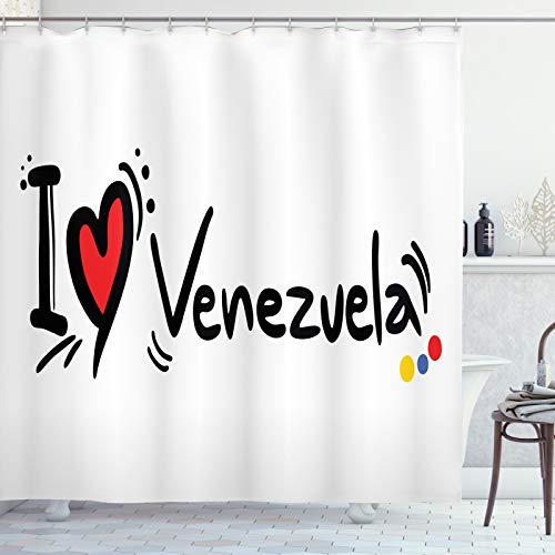 ABAKUHAUS Venezuela Duschvorhang, I Love Venezuela Wording, Stoffliches Gewebe Badezimmerdekorationsset mit Haken, 175 x 200 cm, Weiß Koksgraue von ABAKUHAUS