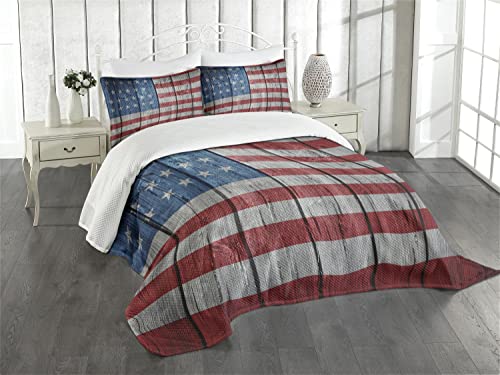ABAKUHAUS Vereinigte Staaten von Amerika Tagesdecke Set, Getragen Stil amerikanische Flagge, Set mit Kissenbezug Maschienenwaschbar, für Einzelbetten 170 x 220 cm, Hellgrau Blau Rot von ABAKUHAUS