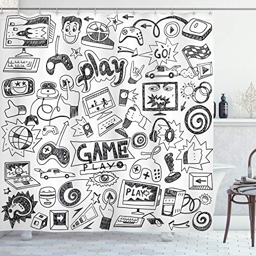 ABAKUHAUS Videospiele Duschvorhang, Sketch Stil Gaming, Stoffliches Gewebe Badezimmerdekorationsset mit Haken, 175 x 240 cm, Weiß Schwarz von ABAKUHAUS