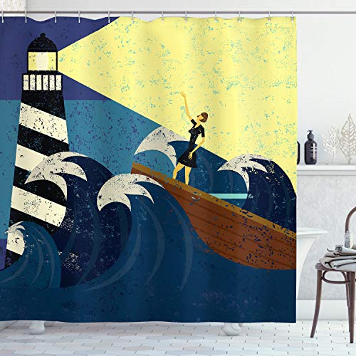 ABAKUHAUS Vintage Boat Duschvorhang, Grunge Sea Storm, Stoffliches Gewebe Badezimmerdekorationsset mit Haken, 175 x 200 cm, Dunkelblau Gelb Braun ABAKUHAUS Vintage Boat Duschvorhang, Grunge Sea Storm, Stoffliches Gewebe Badezimmerdekorationsset mit Haken, 175 x 200 cm, Dunkelblau Gelb Braun von ABAKUHAUS