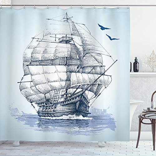 ABAKUHAUS Vintage Boat Duschvorhang, Old Ship at Sea, Stoffliches Gewebe Badezimmerdekorationsset mit Haken, 175 x 220 cm, Babyblau Dunkelblau von ABAKUHAUS
