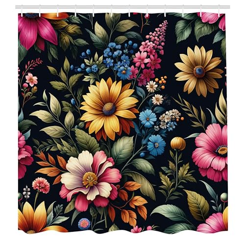 ABAKUHAUS Vintage Duschvorhang, Bunte Kunst von Frühlingsblumen und Blättern träumerische Atmosphäre im Dschungel, Stoffliches Gewebe mit Haken, 175 x 180 cm, Anthrazitgrau Mehrfarbig von ABAKUHAUS