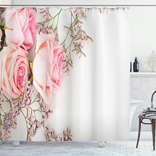 ABAKUHAUS Vintage Rose Duschvorhang, Close up Foto Blumen, Stoffliches Gewebe Badezimmerdekorationsset mit Haken, 175 x 200 cm, Pale Rose Weiß von ABAKUHAUS