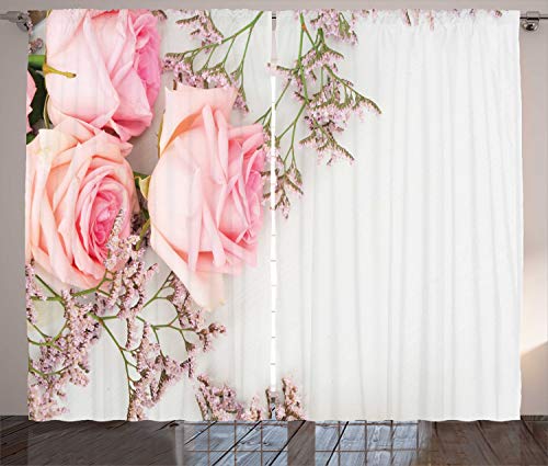 ABAKUHAUS Vintage Rose Rustikaler Gardine, Close up Foto Blumen, Wohnzimmer Universalband Gardinen mit Schlaufen und Haken, 280 x 175 cm, Pale Rose Weiß von ABAKUHAUS