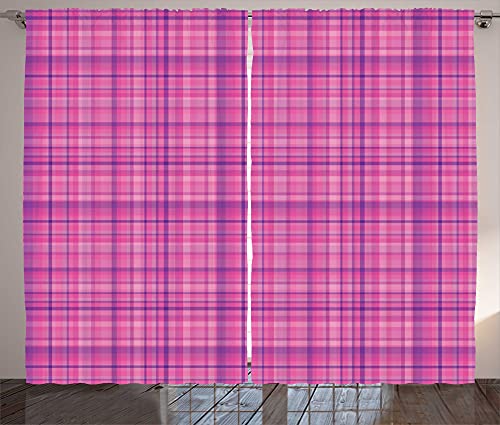 ABAKUHAUS Violett Rustikaler Vorhang, Geometrische Plaid-Entwurf, Wohnzimmer Universalband Gardinen mit Schlaufen und Haken, 280 x 260 cm, Rosa und Pale Fuchsia von ABAKUHAUS