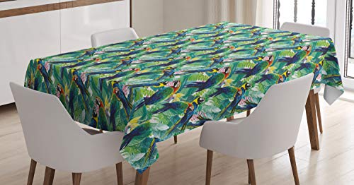 ABAKUHAUS Vögel Tischdecke, Scarlet Ara Papageien, Schmutzabweisent mit Modernster Druck Technologie Waschbar Klare Farben, 140 x 200 cm, Grün Blau von ABAKUHAUS