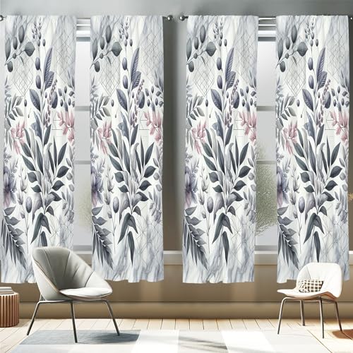 ABAKUHAUS Vorhänge 2er-Pack, Blätterkunst, Vorhang für Wohnzimmer Schlafzimmer, 4 Stück 75 cm x 245 cm, Grau Pink Blaugrau Puder Rosa von ABAKUHAUS