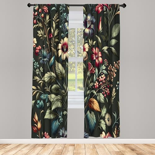 ABAKUHAUS Vorhänge 2er-Pack, Nostalgie Konzept blättriger Dschungel und Hibiskusblumen mit modernen Details, Vorhang für Wohnzimmer Schlafzimmer, 4 Stück 150 cm x 245 cm, Laurel Grün Dunkle Koralle von ABAKUHAUS