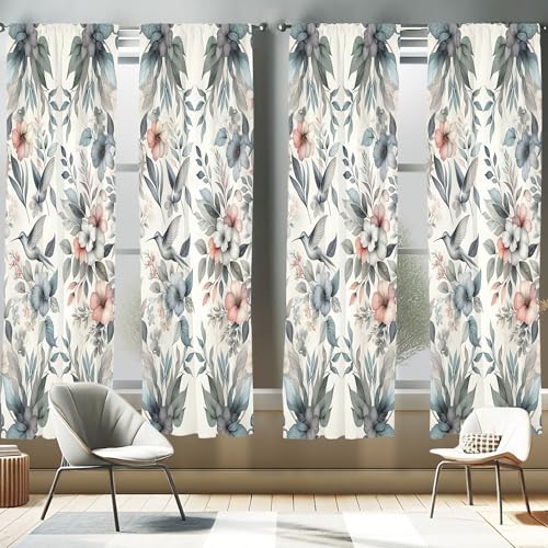 ABAKUHAUS Vorhänge 2er-Pack, Vögel und Natur, Vorhang für Wohnzimmer Schlafzimmer, 4 Stück 75 cm x 225 cm, Blau grau Getrocknete Rose von ABAKUHAUS