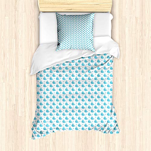 ABAKUHAUS Wal Bettbezug Set, Kleine Fische für Baby-Kinder, Milbensicher Allergiker geeignet mit Kissenbezügen, 135 cm x 200 cm - 80 x 80 cm, Blassblau Weiß von ABAKUHAUS