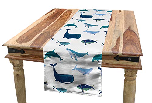 ABAKUHAUS Wal Tischläufer, Schwimmen Meerestiere, Esszimmer Küche Rechteckiger Dekorativer Tischläufer, 40 x 180 cm, Dunkelblau Weiß von ABAKUHAUS