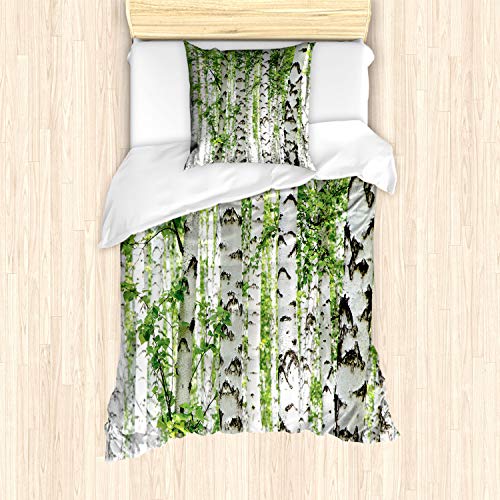 ABAKUHAUS Wald Bettbezug Set für Einzelbetten, Tier-Natur-Sommer, Milbensicher Allergiker geeignet mit Kissenbezug, Weiß Grün von ABAKUHAUS