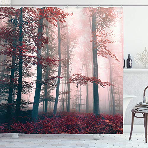 ABAKUHAUS Wald Duschvorhang, Herbst-Fall-Natur Woods, Stoffliches Gewebe Badezimmerdekorationsset mit Haken, 175 x 200 cm, Rot Grau und Braun von ABAKUHAUS