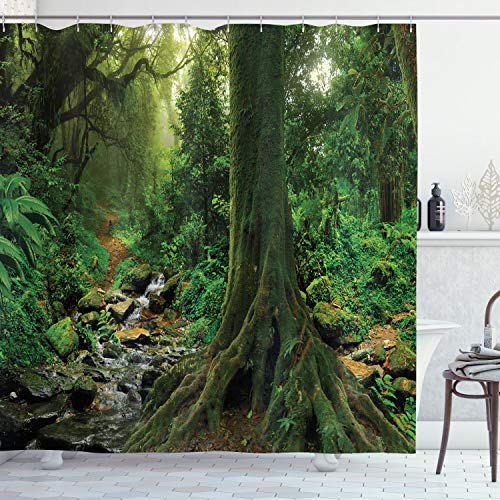 ABAKUHAUS Wald Duschvorhang, Moss auf Bäumen Strom, Stoffliches Gewebe Badezimmerdekorationsset mit Haken, 175 x 240 cm, Grün von ABAKUHAUS