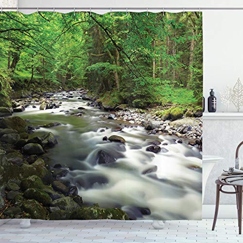 ABAKUHAUS Natur Duschvorhang, Riverbed Rock Bäume, Stoffliches Gewebe Badezimmerdekorationsset mit Haken, 175 x 200 cm, Grün Weiß Grau von ABAKUHAUS