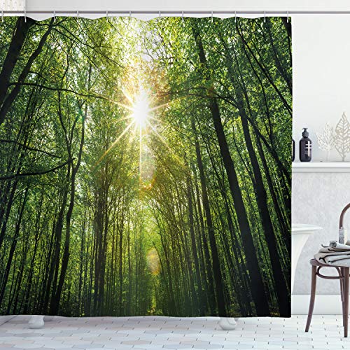 ABAKUHAUS Wald Duschvorhang, Sommer-Baum Untersicht, Stoffliches Gewebe Badezimmerdekorationsset mit Haken, 175 x 240 cm, Farngrün Gelb von ABAKUHAUS
