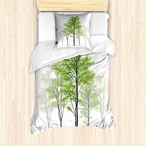 ABAKUHAUS Wald Bettbezug Set, Hand gezeichnete Natur-Motiv, Milbensicher Allergiker geeignet mit Kissenbezügen, 135 cm x 200 cm - 80 x 80 cm, Grün Schwarz Weiß von ABAKUHAUS