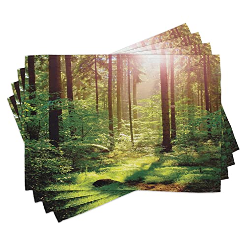 ABAKUHAUS Wald Platzmatten, Wald im Frühling Zeit Sonnenuntergang Moos Woods Blatt Wildnis Fantasy Magical View Print, Tiscjdeco aus Farbfesten Stoff für das Esszimmer und Küch, Grün braun von ABAKUHAUS