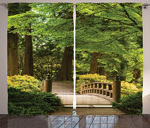 ABAKUHAUS Wald Rustikaler Gardine, Holzbrücke über den Teich, Schlafzimmer Kräuselband Vorhang mit Schlaufen und Haken, 280 x 175 cm, Lindgrün Kalb von ABAKUHAUS