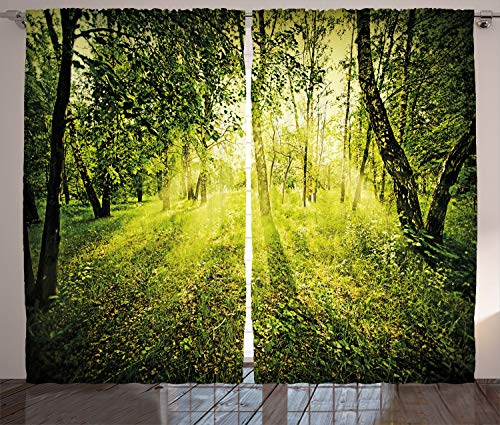 ABAKUHAUS Wald Rustikaler Gardine, Scenic Morgen in der Natur, Schlafzimmer Kräuselband Vorhang mit Schlaufen und Haken, 280 x 245 cm, Grün von ABAKUHAUS