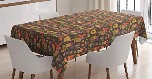 ABAKUHAUS Wald Tischdecke, Zwerge und Tiere Kunst, Schmutzabweisent mit Modernster Druck Technologie Waschbar Klare Farben, 140 x 170 cm, Taupe Braun Rot von ABAKUHAUS