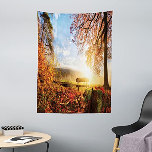 ABAKUHAUS Wald Wandteppich und Tagesdecke, Herbst Wald Bank, aus Weiches Mikrofaser Stoff Schmutz abweichender Digitaldruck, 110 x 150 cm, Orange Rot Blau von ABAKUHAUS