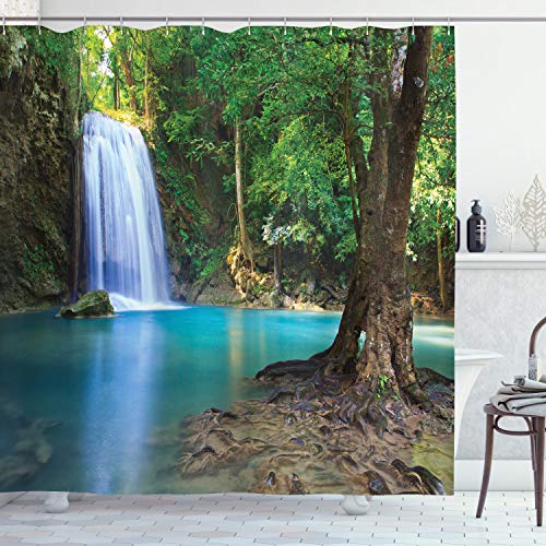 ABAKUHAUS Wasser Duschvorhang, Asien Thailand Jungle Bäume, Stoffliches Gewebe Badezimmerdekorationsset mit Haken, 175 x 180 cm, Grün braun Türkis von ABAKUHAUS