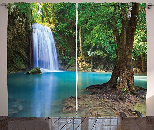 ABAKUHAUS Wasser Rustikaler Gardine, Asien Thailand Jungle Bäume, Schlafzimmer Kräuselband Vorhang mit Schlaufen und Haken, 280 x 225 cm, Türkis Braun von ABAKUHAUS