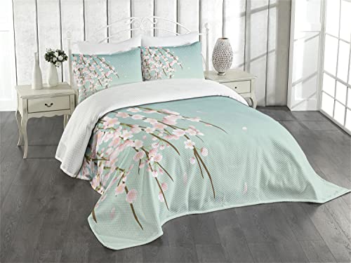 ABAKUHAUS Weeping Blume Tagesdecke Set, Kirschblüte, Set mit Kissenbezügen Sommerdecke, für Doppelbetten 264 x 220 cm, Babyblau Hellrosa und Taupe von ABAKUHAUS