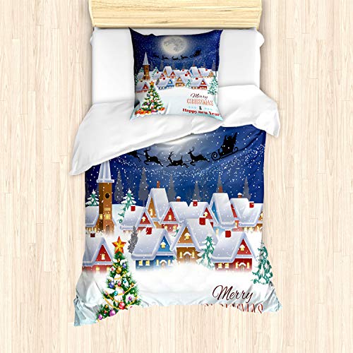 ABAKUHAUS Weihnachten Bettbezug Set, Winter-Himmel-Mond-Stern, Milbensicher Allergiker geeignet mit Kissenbezügen, 135 cm x 200 cm - 80 x 80 cm, Navy White von ABAKUHAUS