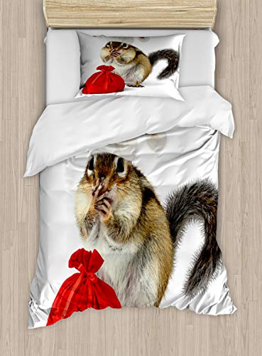 ABAKUHAUS Weihnachten Bettbezugs Set für Einzelbetten, Chipmunk in Sankt-Hut, Milbensicher Allergiker geeignet mit Kissenbezug, 130 x 200 cm, Weiß Gelb von ABAKUHAUS